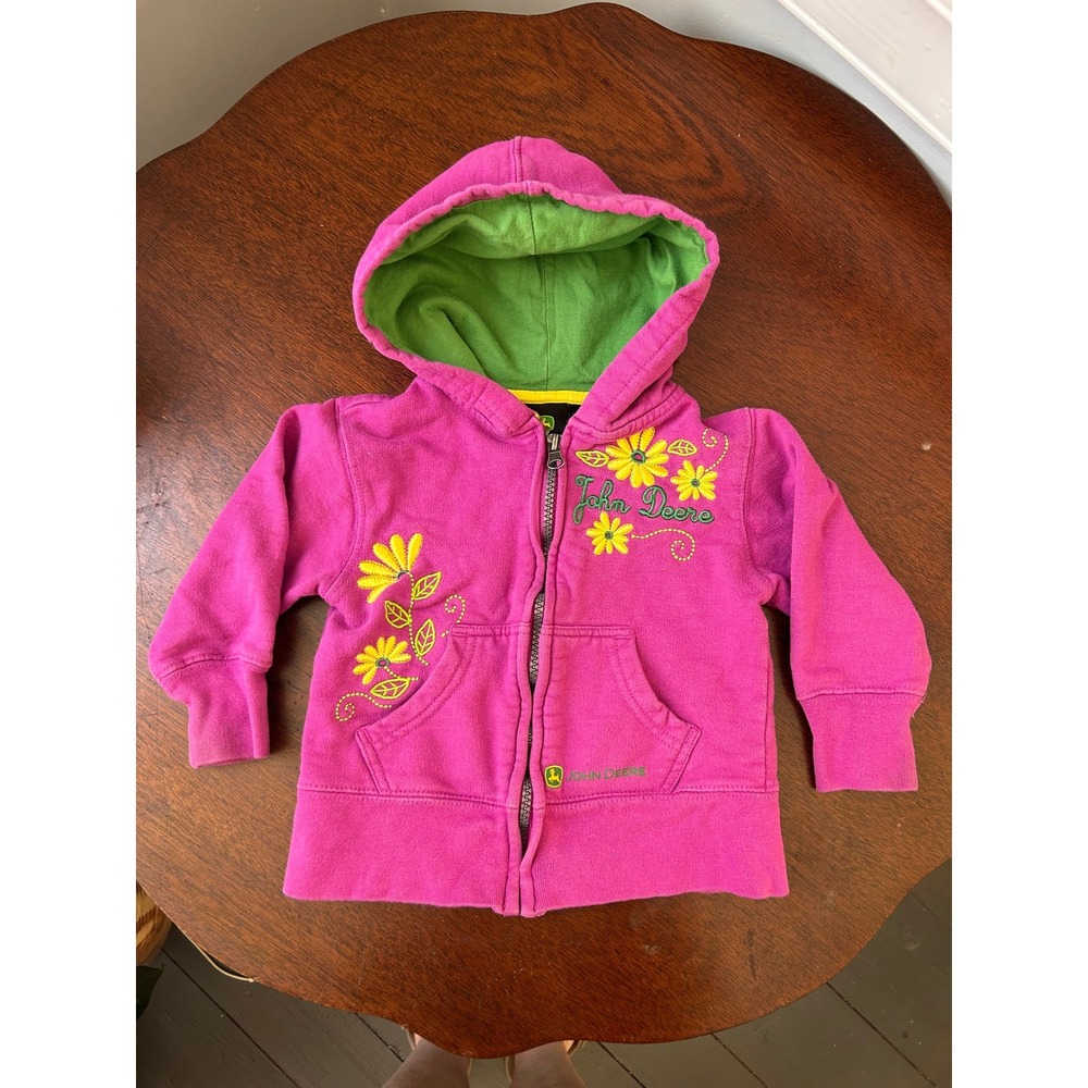 John Deere Girls Pink Flower Embroidered Full Zip Hoodie Sweatshirt 2T